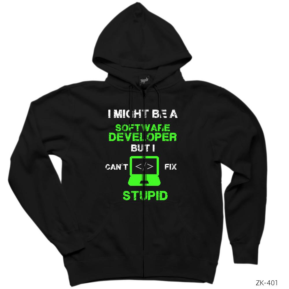 I Might Be A Software Developer Siyah Fermuarlı Kapşonlu Sweatshirt