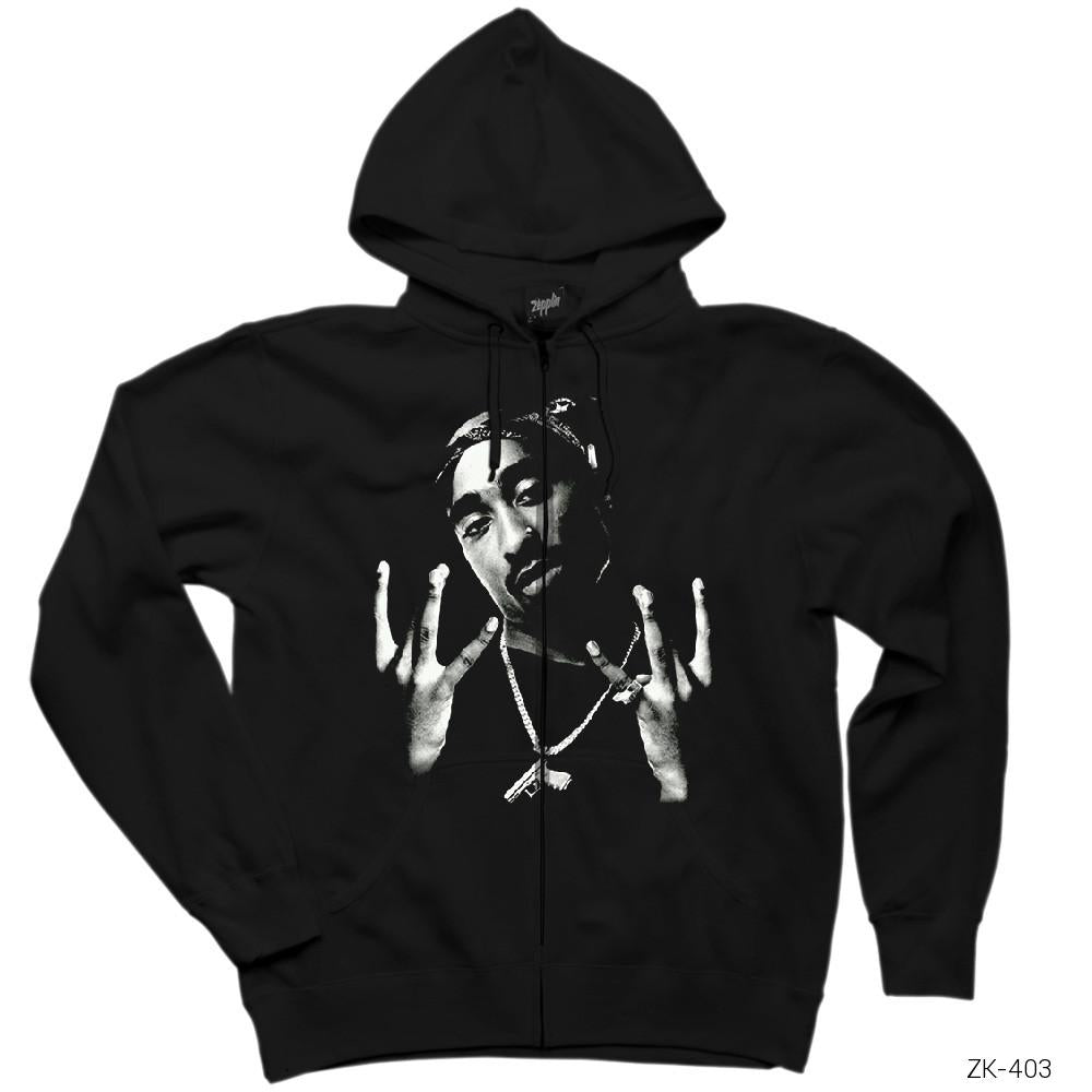 Tupac Shakur West Side Siyah Fermuarlı Kapşonlu Sweatshirt