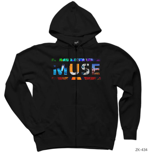 Muse Covers Logo Siyah Fermuarlı Kapşonlu Sweatshirt