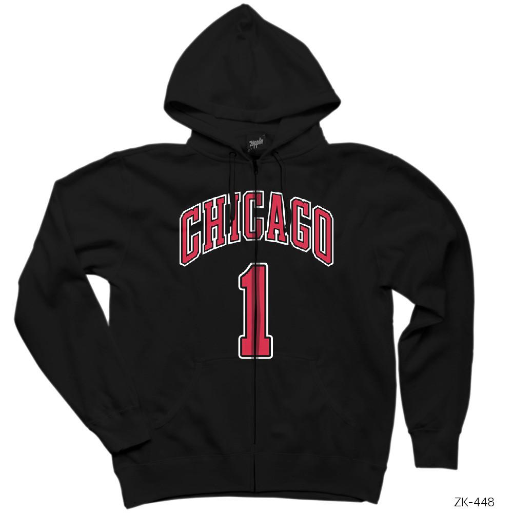 Chicago Derrick Rose Siyah Fermuarlı Kapşonlu Sweatshirt