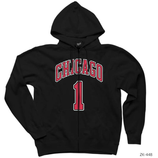 Chicago Derrick Rose Siyah Fermuarlı Kapşonlu Sweatshirt