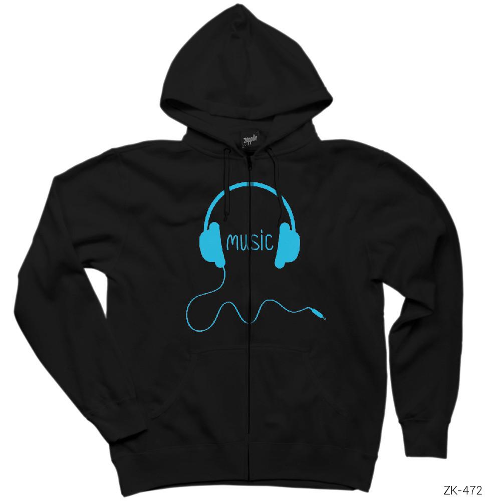Music is Life 2 Siyah Fermuarlı Kapşonlu Sweatshirt