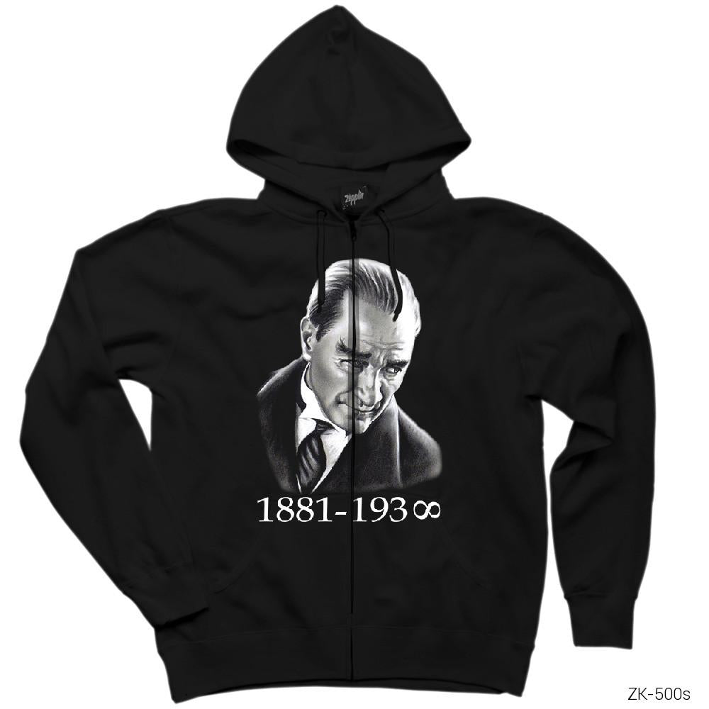 Atatürk Siyah Fermuarlı Kapşonlu Sweatshirt