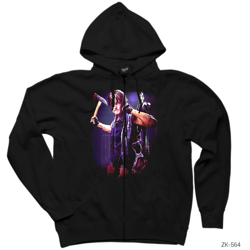 The Walking Dead Daryl with Axe Siyah Fermuarlı Kapşonlu Sweatshirt