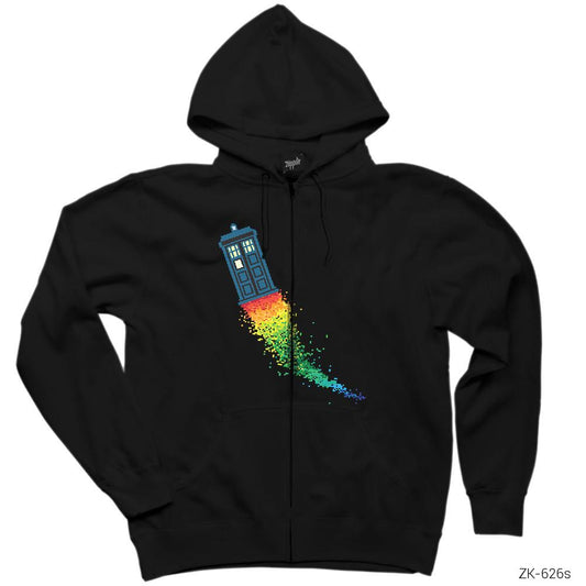 Doctor Who Tardis Rainbow Siyah Fermuarlı Kapşonlu Sweatshirt