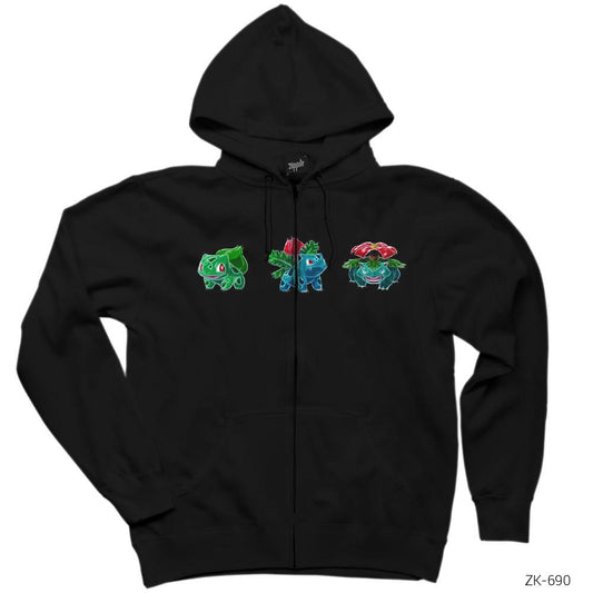 Pokemon Balbasaur Evolation Siyah Fermuarlı Kapşonlu Sweatshirt