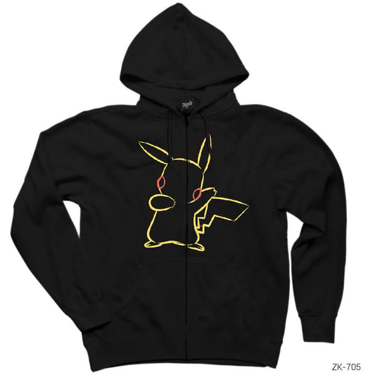 Pokemon Pikachu Line Siyah Fermuarlı Kapşonlu Sweatshirt