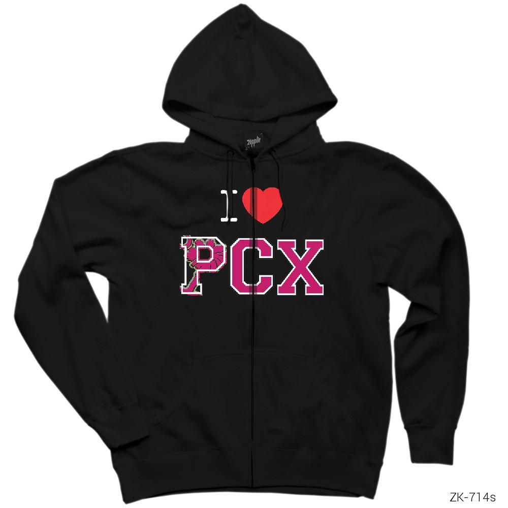 PCX Love Siyah Fermuarlı Kapşonlu Sweatshirt