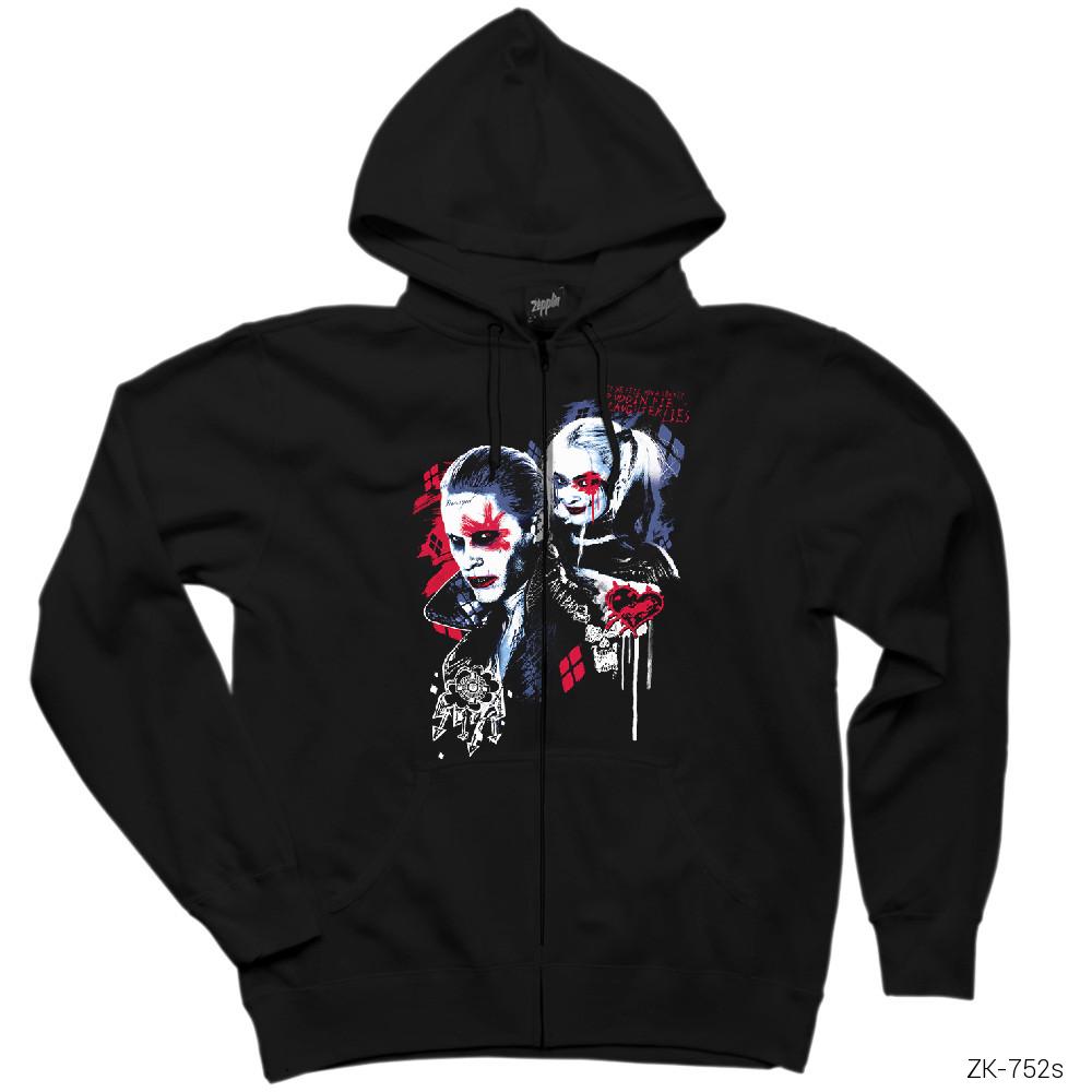 Suicide Joker and Harley Graffiti Siyah Fermuarlı Kapşonlu Sweatshirt