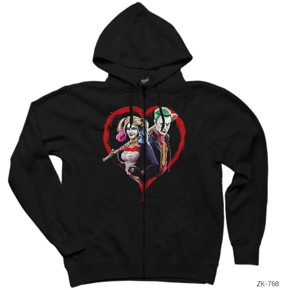 Suicide Squad Harley Quinn Joker Love Siyah Fermuarlı Kapşonlu Sweatshirt