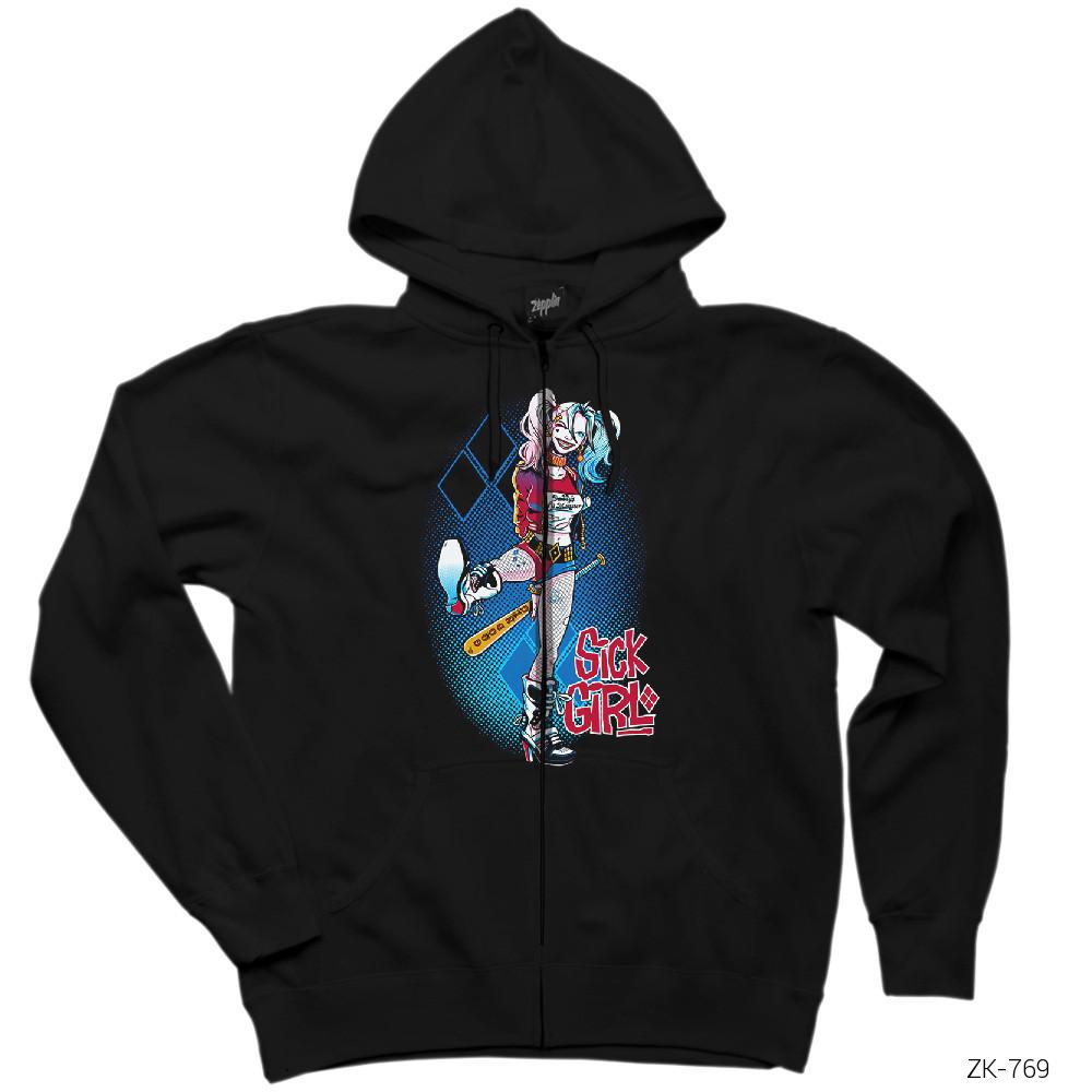 Suicide Squad Harley Quinn Sick Girl Siyah Fermuarlı Kapşonlu Sweatshirt