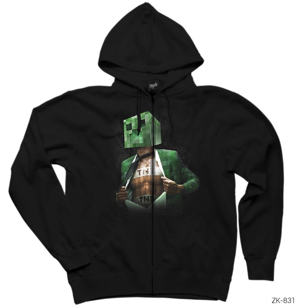 Minecraft Creeper TNT Siyah Fermuarlı Kapşonlu Sweatshirt