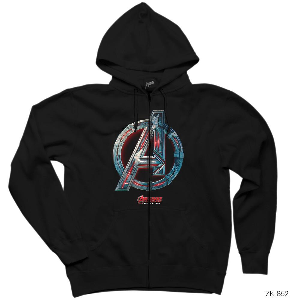 Avengers Red Line Metal Logo Siyah Fermuarlı Kapşonlu Sweatshirt