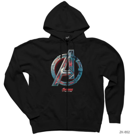 Avengers Red Line Metal Logo Siyah Fermuarlı Kapşonlu Sweatshirt