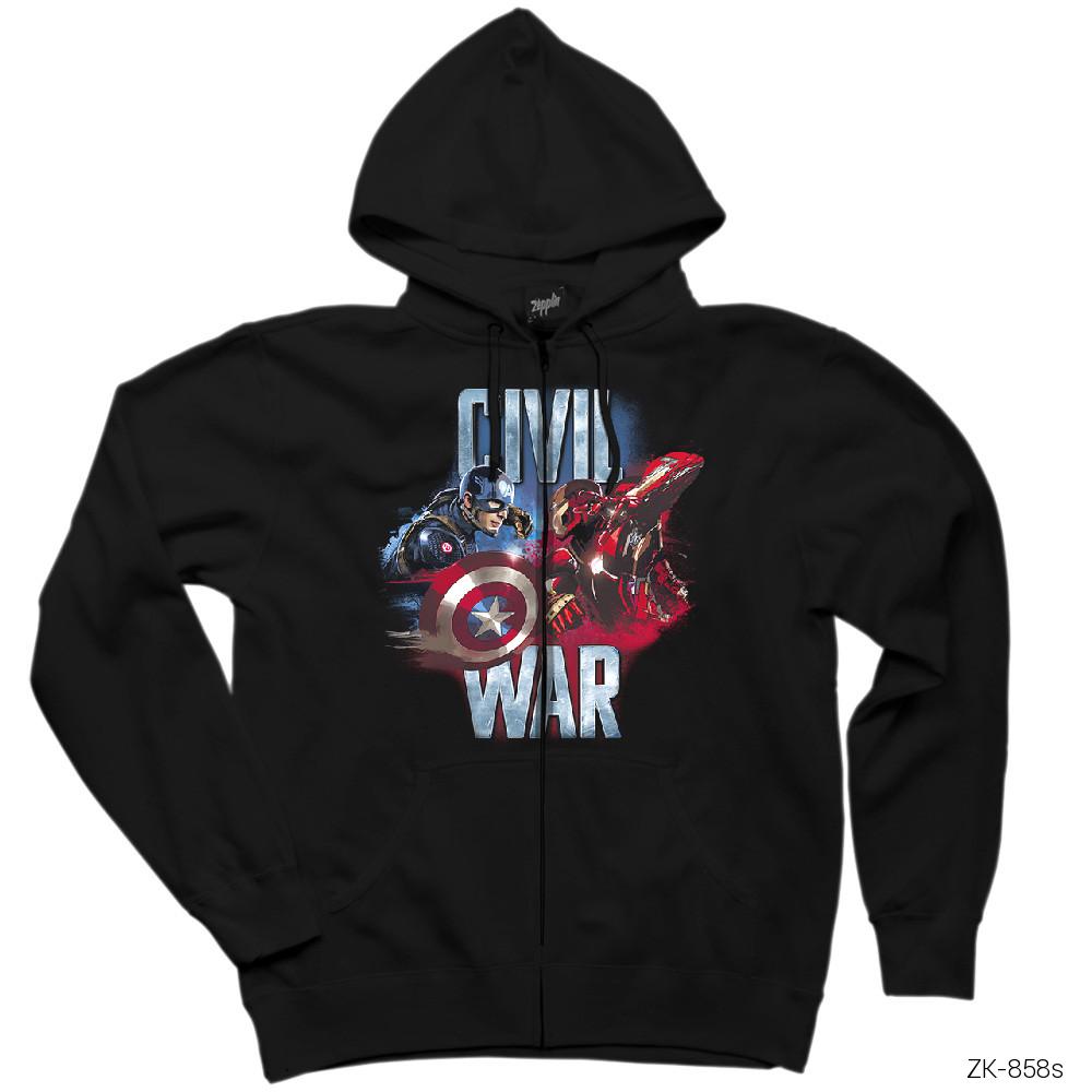 Civil War Captain America Iron Man Siyah Fermuarlı Kapşonlu Sweatshirt