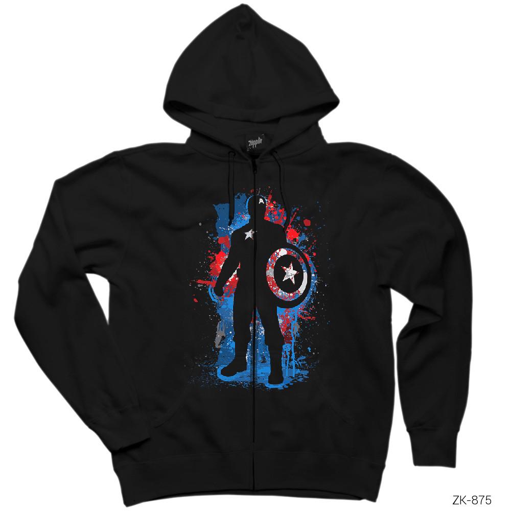 Captain America Stencil Siyah Fermuarlı Kapşonlu Sweatshirt