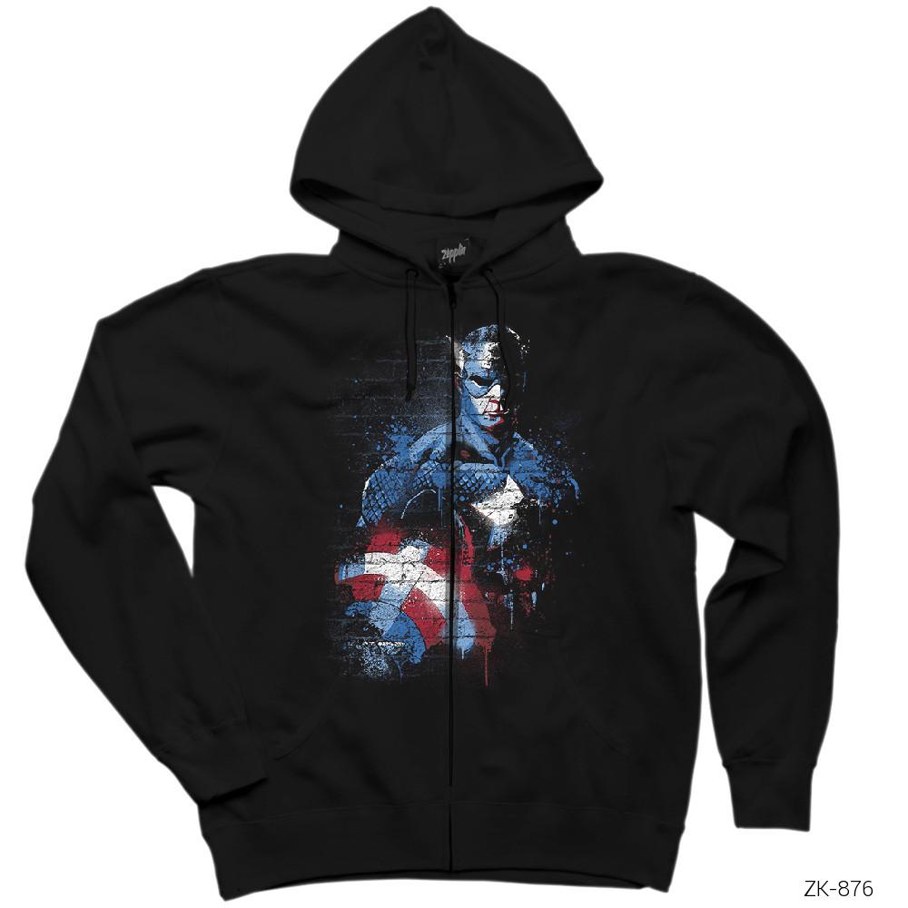 Captain America Stencil 2 Siyah Fermuarlı Kapşonlu Sweatshirt