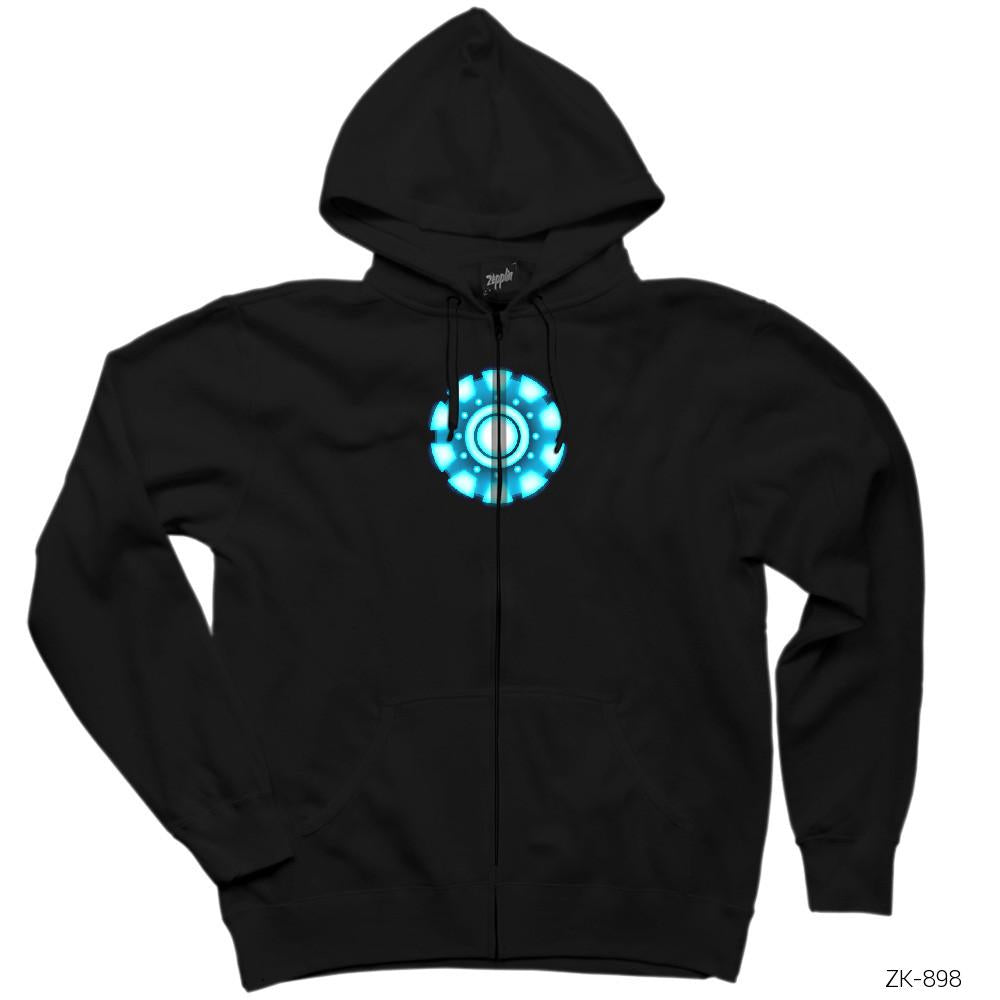 Iron Man Arc Reactor Circled Siyah Fermuarlı Kapşonlu Sweatshirt