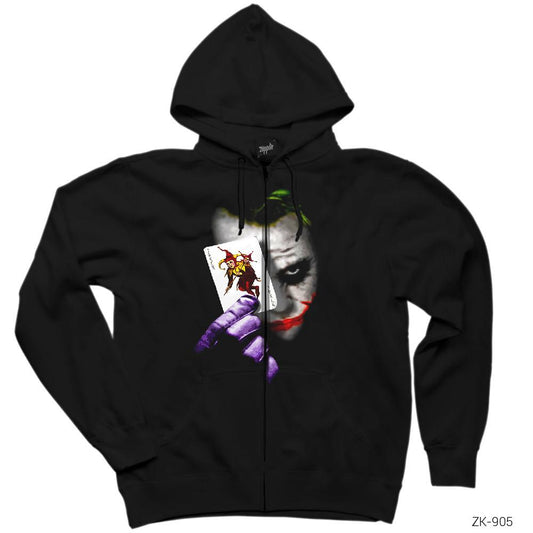 Joker Card Siyah Fermuarlı Kapşonlu Sweatshirt