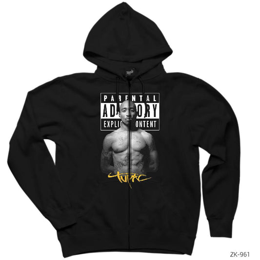 Tupac Parental Advisory Siyah Fermuarlı Kapşonlu Sweatshirt