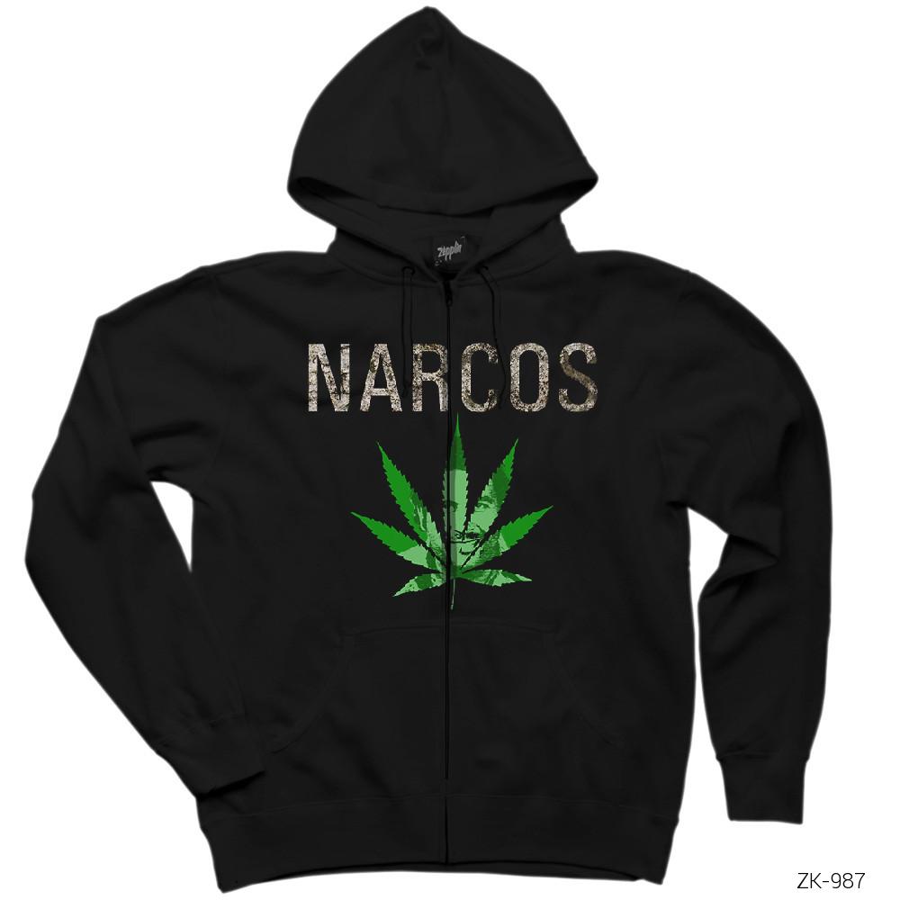 Narcos Marijuana Siyah Fermuarlı Kapşonlu Sweatshirt