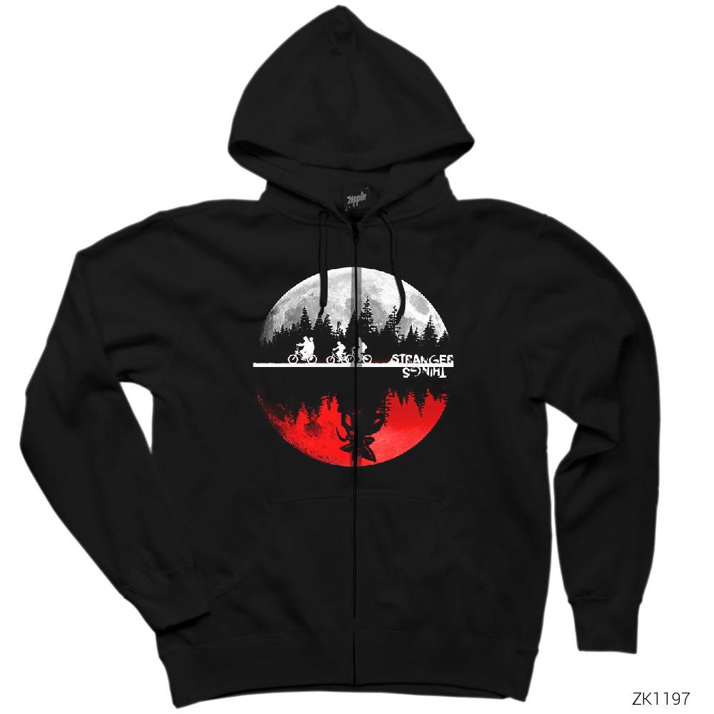 Stranger Things Moon Siyah Fermuarlı Kapşonlu Sweatshirt