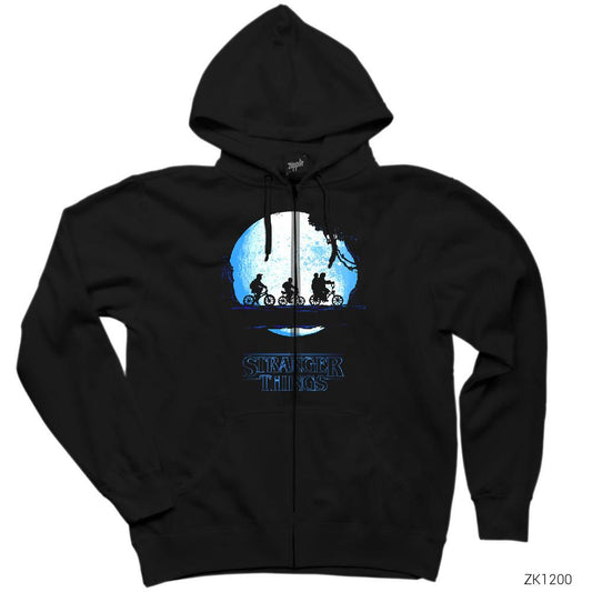 Stranger Things Blue Moon Siyah Fermuarlı Kapşonlu Sweatshirt