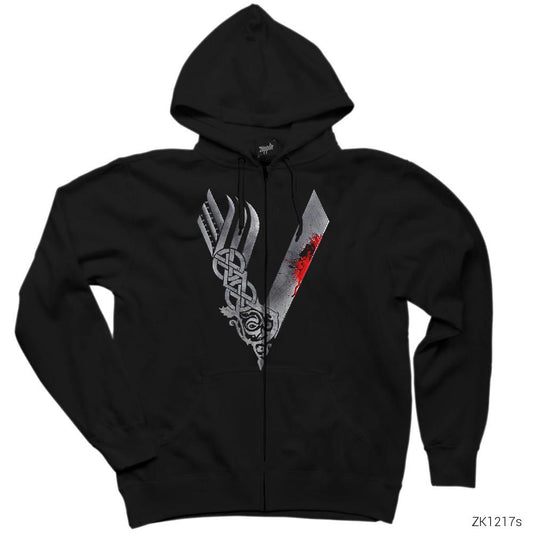 Vikings Blood Logo Siyah Fermuarlı Kapşonlu Sweatshirt