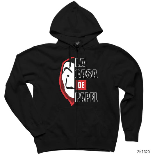 La Casa De Papel Half Face Siyah Fermuarlı Kapşonlu Sweatshirt