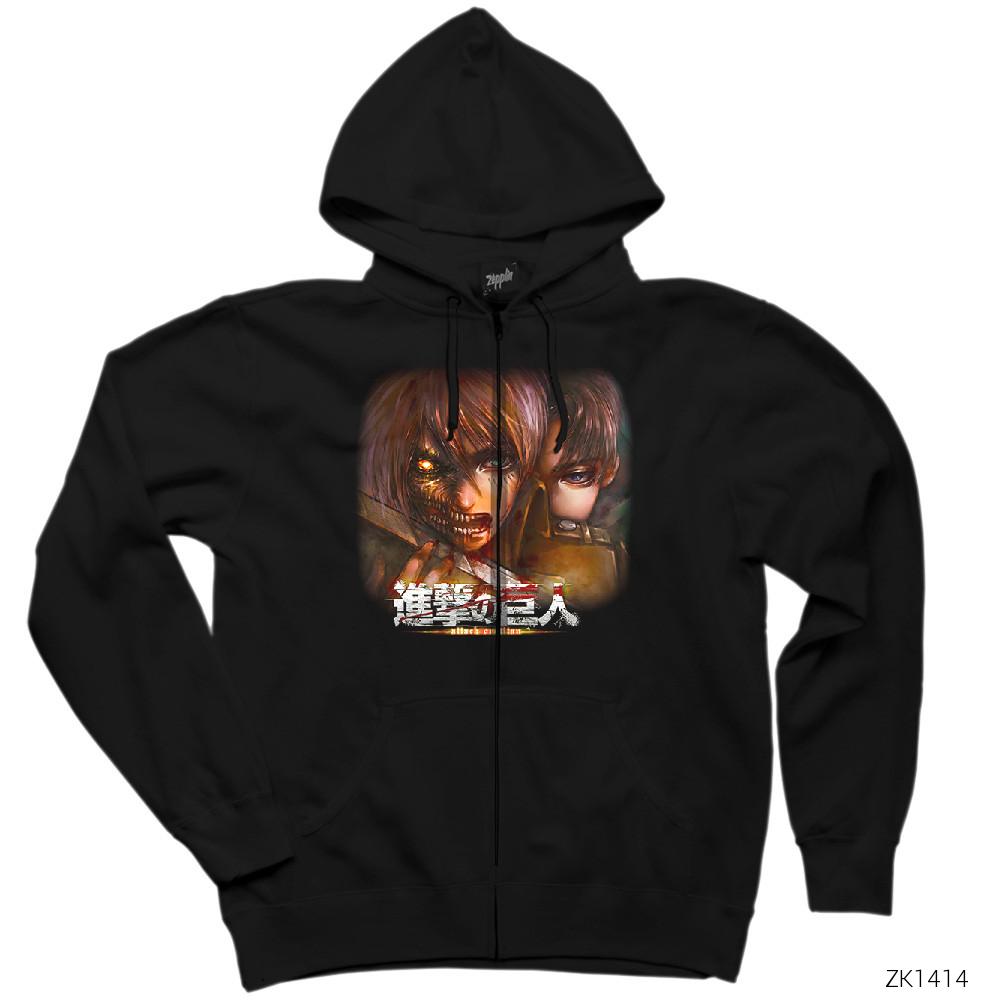 Attack on Titan Siyah Fermuarlı Kapşonlu Sweatshirt