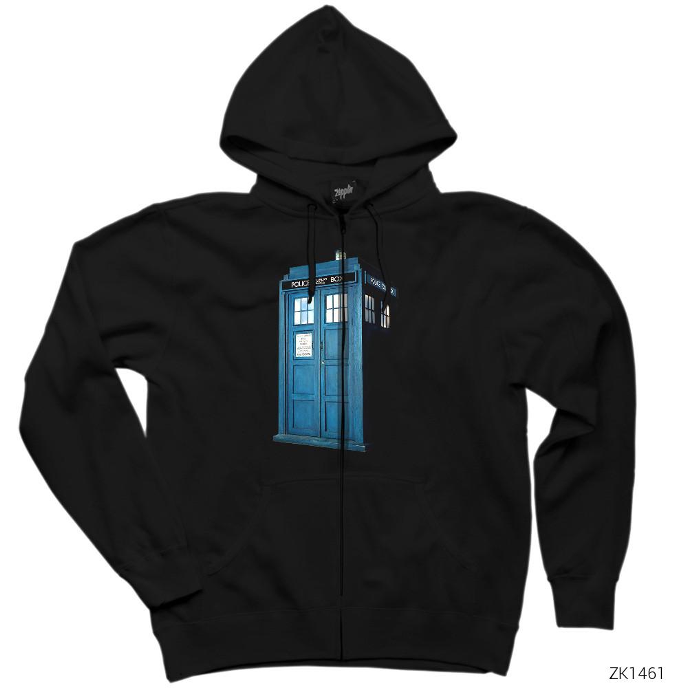 Doctor Who Tardis Siyah Fermuarlı Kapşonlu Sweatshirt