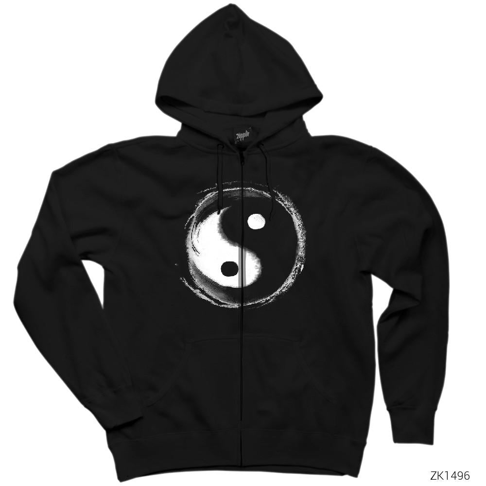 Ying Yang Splash Siyah Fermuarlı Kapşonlu Sweatshirt