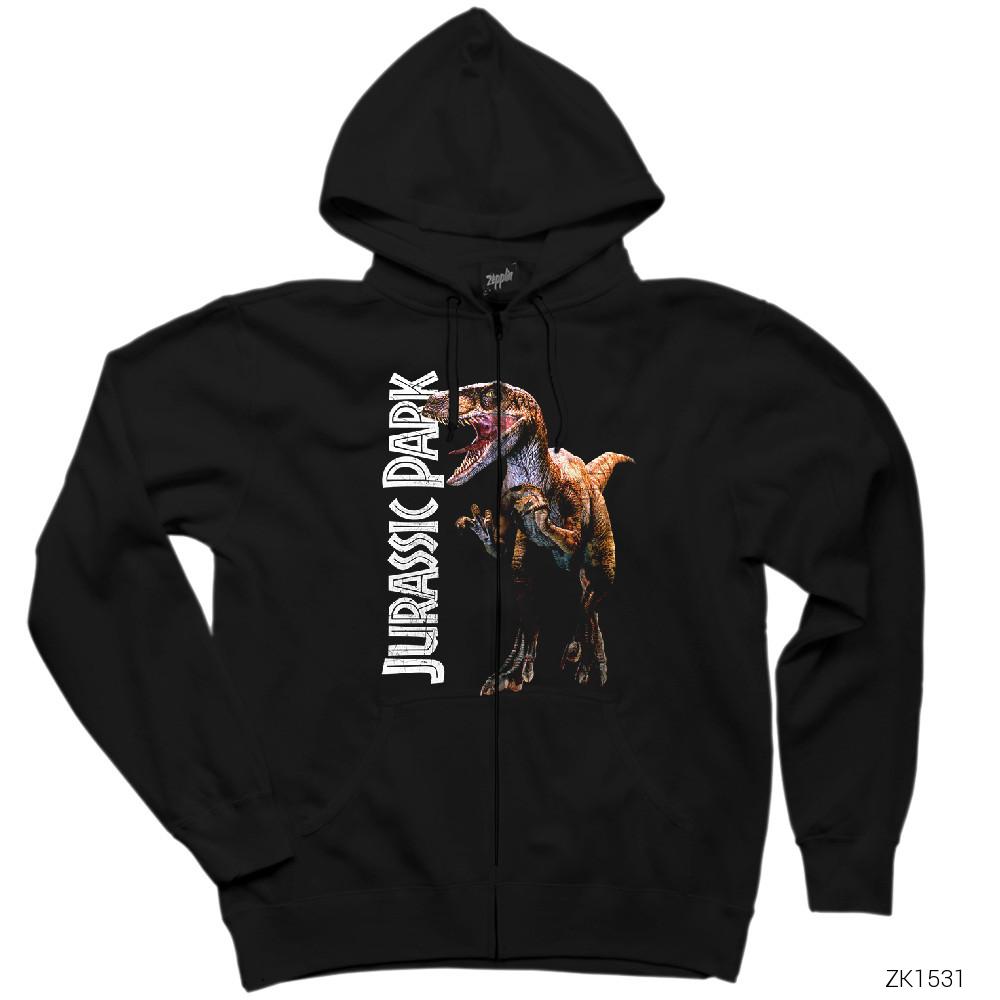 Jurassic Park Raptor Siyah Fermuarlı Kapşonlu Sweatshirt