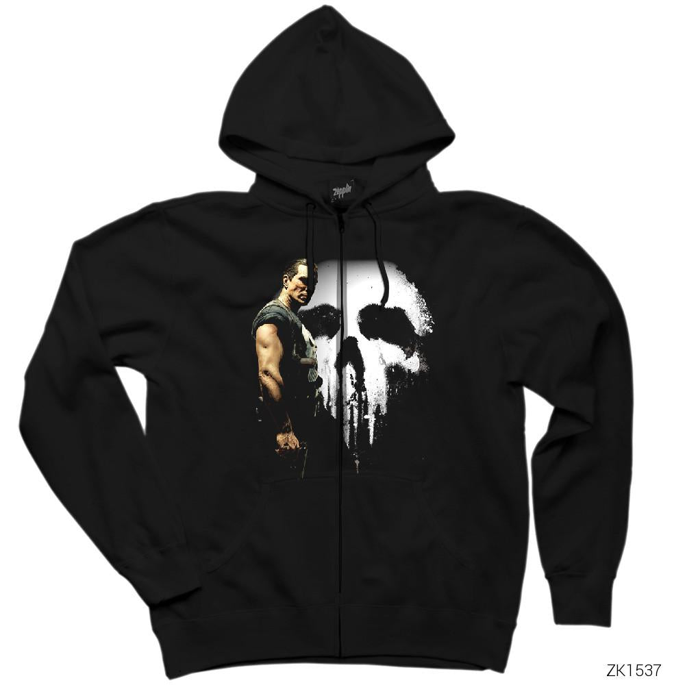 Punisher in the Shadow Siyah Fermuarlı Kapşonlu Sweatshirt