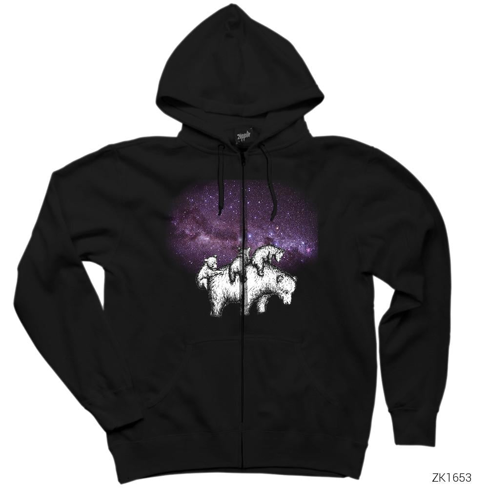 Bears in Space Siyah Fermuarlı Kapşonlu Sweatshirt