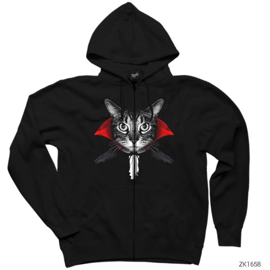 Kedi Cat Vampire Siyah Fermuarlı Kapşonlu Sweatshirt