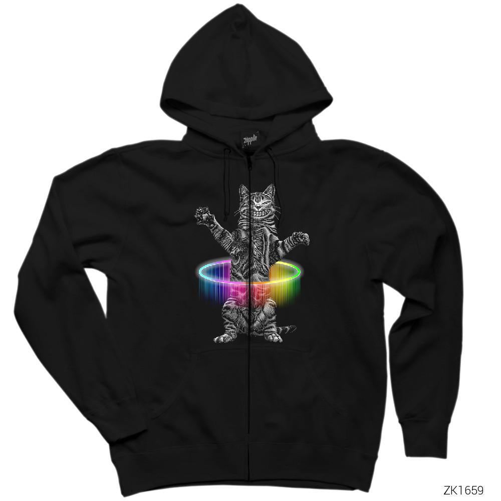 Kedi Hulahop Siyah Fermuarlı Kapşonlu Sweatshirt