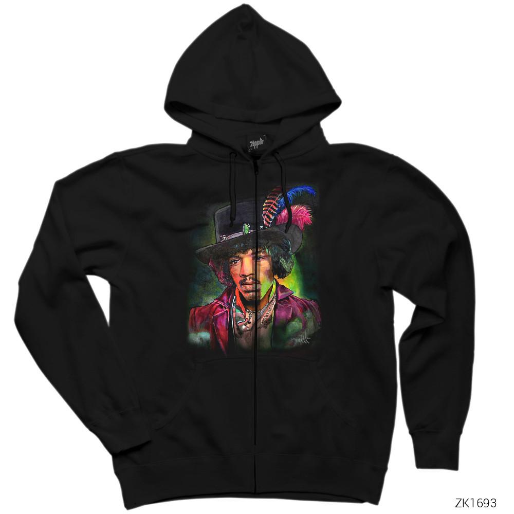 Jimi Hendrix Siyah Fermuarlı Kapşonlu Sweatshirt