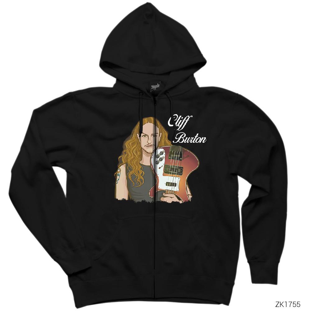 Cliff Burton With Guitar Siyah Fermuarlı Kapşonlu Sweatshirt