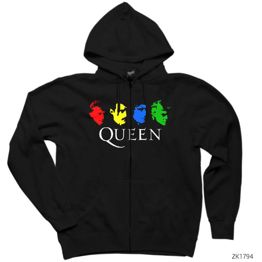 Queen Colored Siyah Fermuarlı Kapşonlu Sweatshirt