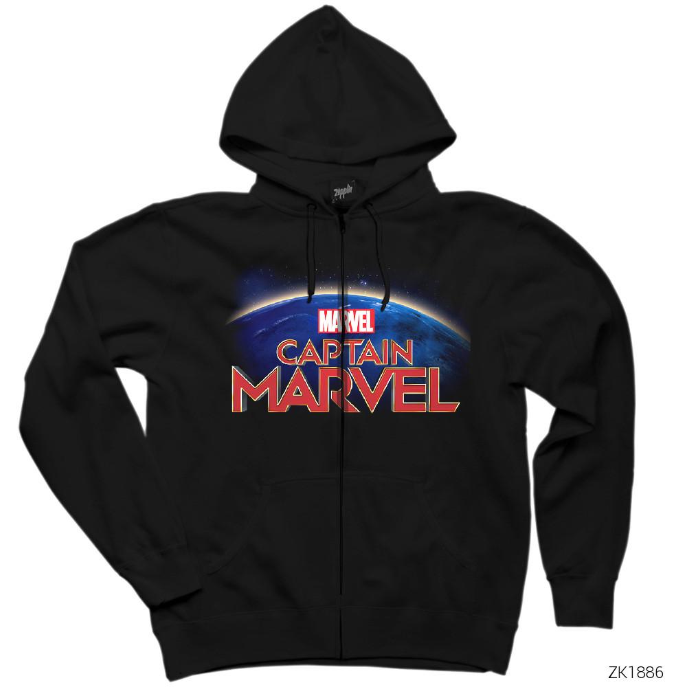 Captain Marvel on World Siyah Fermuarlı Kapşonlu Sweatshirt