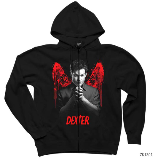 Dexter Blood Wings Siyah Fermuarlı Kapşonlu Sweatshirt
