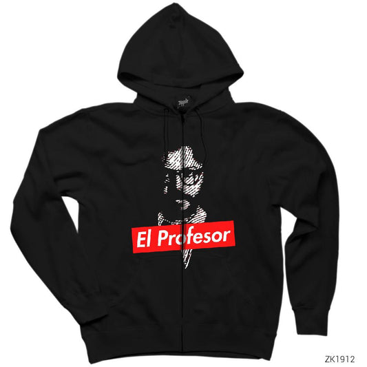 La Casa De Papel Professor Siyah Fermuarlı Kapşonlu Sweatshirt
