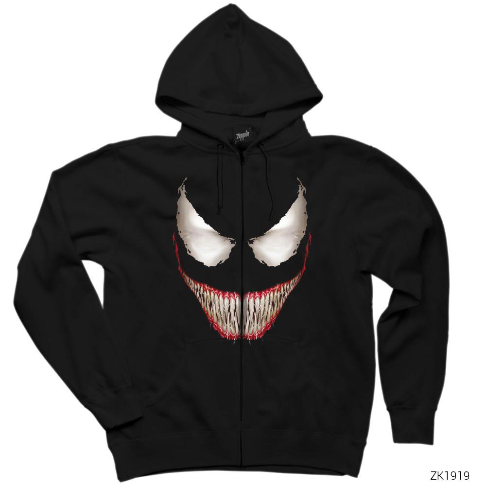 Venom Bad Face Siyah Fermuarlı Kapşonlu Sweatshirt