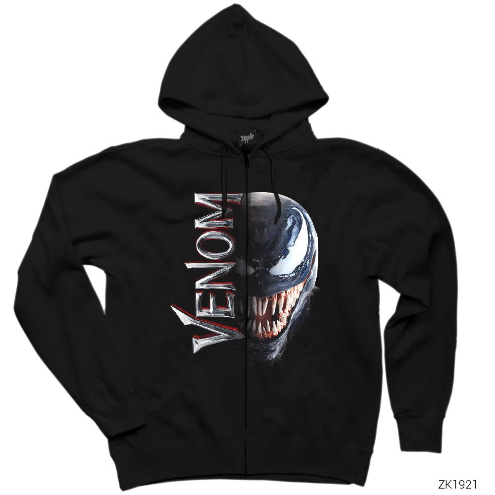 Venom Half Face Siyah Fermuarlı Kapşonlu Sweatshirt