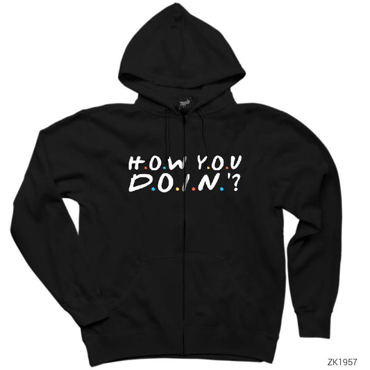 Friends How You Doin Siyah Fermuarlı Kapşonlu Sweatshirt