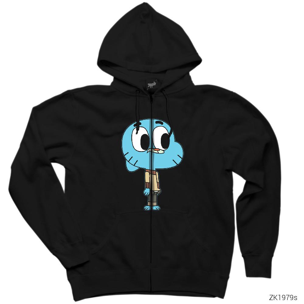 Gumball Siyah Fermuarlı Kapşonlu Sweatshirt