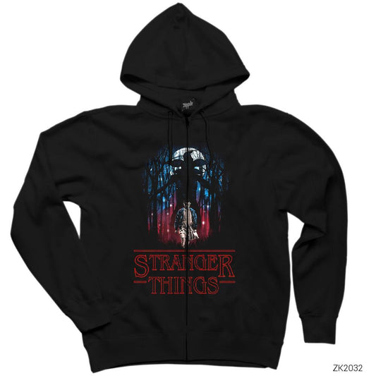 Stranger Things Demogorgan in the Forest Siyah Fermuarlı Kapşonlu Sweatshirt