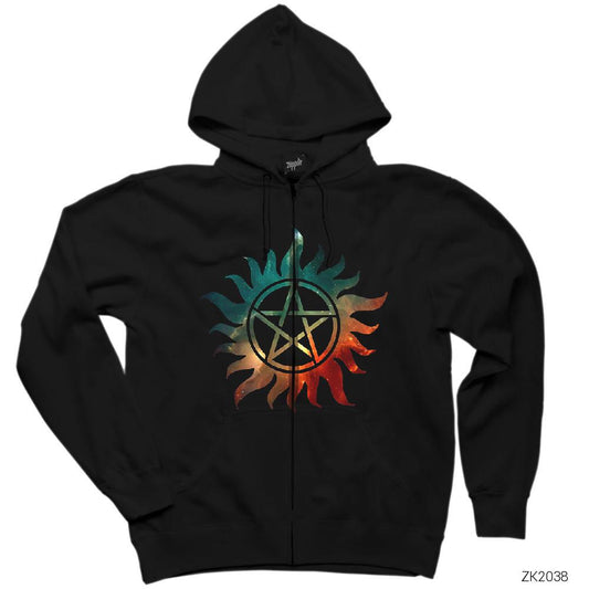Supernatural Galaxy Logo Siyah Fermuarlı Kapşonlu Sweatshirt