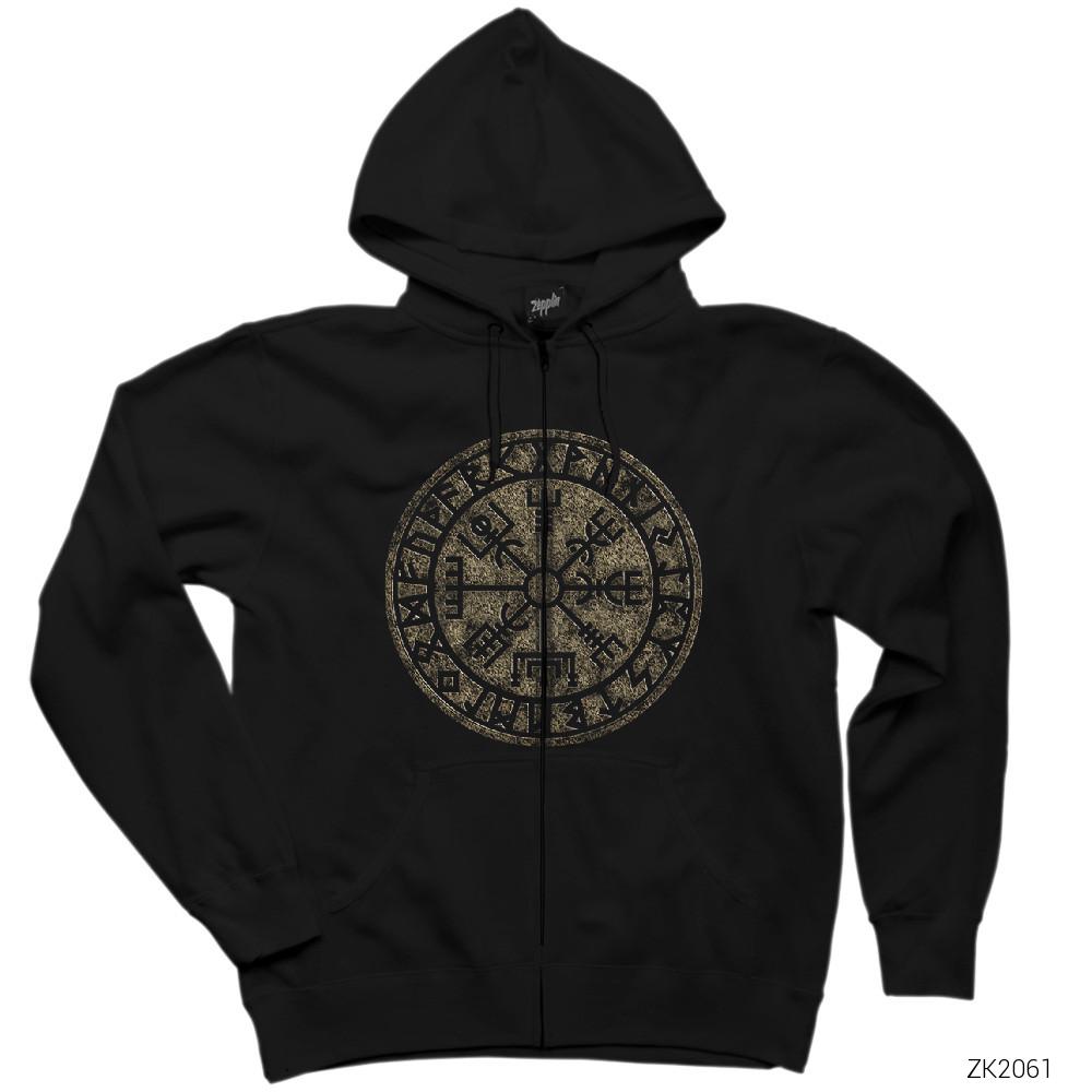 Vikings Vintage Vegvisir Siyah Fermuarlı Kapşonlu Sweatshirt